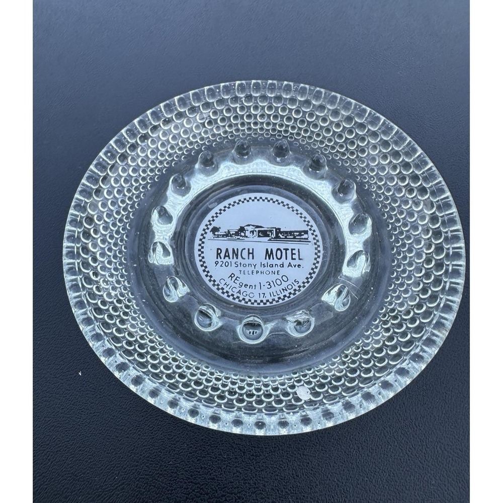 Vintage MCM Marketing Ashtray Glass Ranch Motel Chicago IL bubble Glass‎ Round